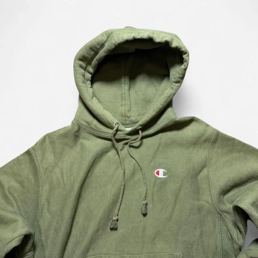 Vintage Y2K Champion Reverse Weave‎ Army Green Hoodie Frayed Pull Strings Size M